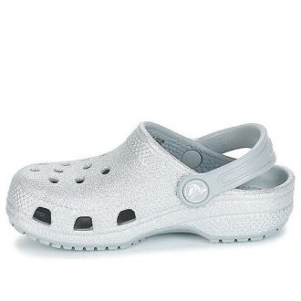 Crocs (GS) klasické třpytivé dřeváky „Silver“ 205441-040