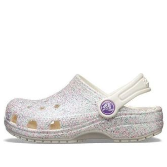 Crocs (GS) Klasické třpytivé dřeváky „Stříbrná bílá“ 205441-159